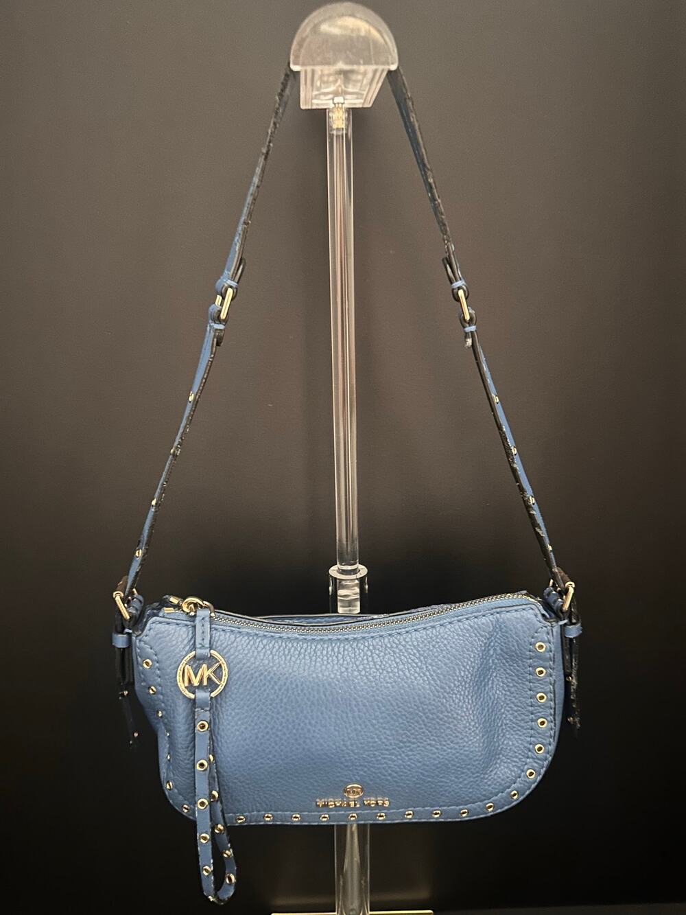 Michael Kors Blue Pebbled Leather Shoulder Bag Gold Grommet Strap